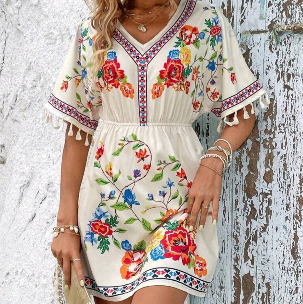 Shein | White Floral Print Batwing Sleeve Mini Dress - XL